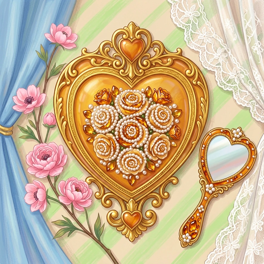 The image shows a bright and romantic illustration made in soft pastel colors. In the center of the composition is a large amber crest with a golden heart-shaped rim. Its…