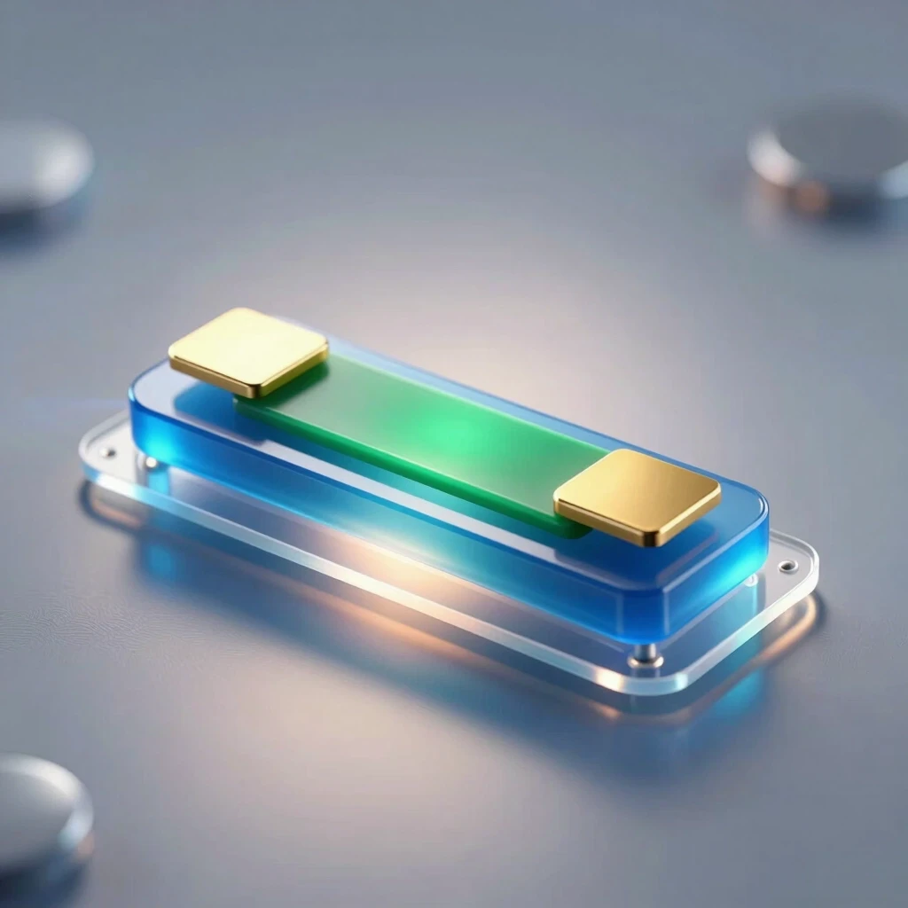A hyper‑realistic scientific 3D illustration of a single organic field‑effect transistor with a bottom gate and top contacts of the following structure (thin layers from bottom…