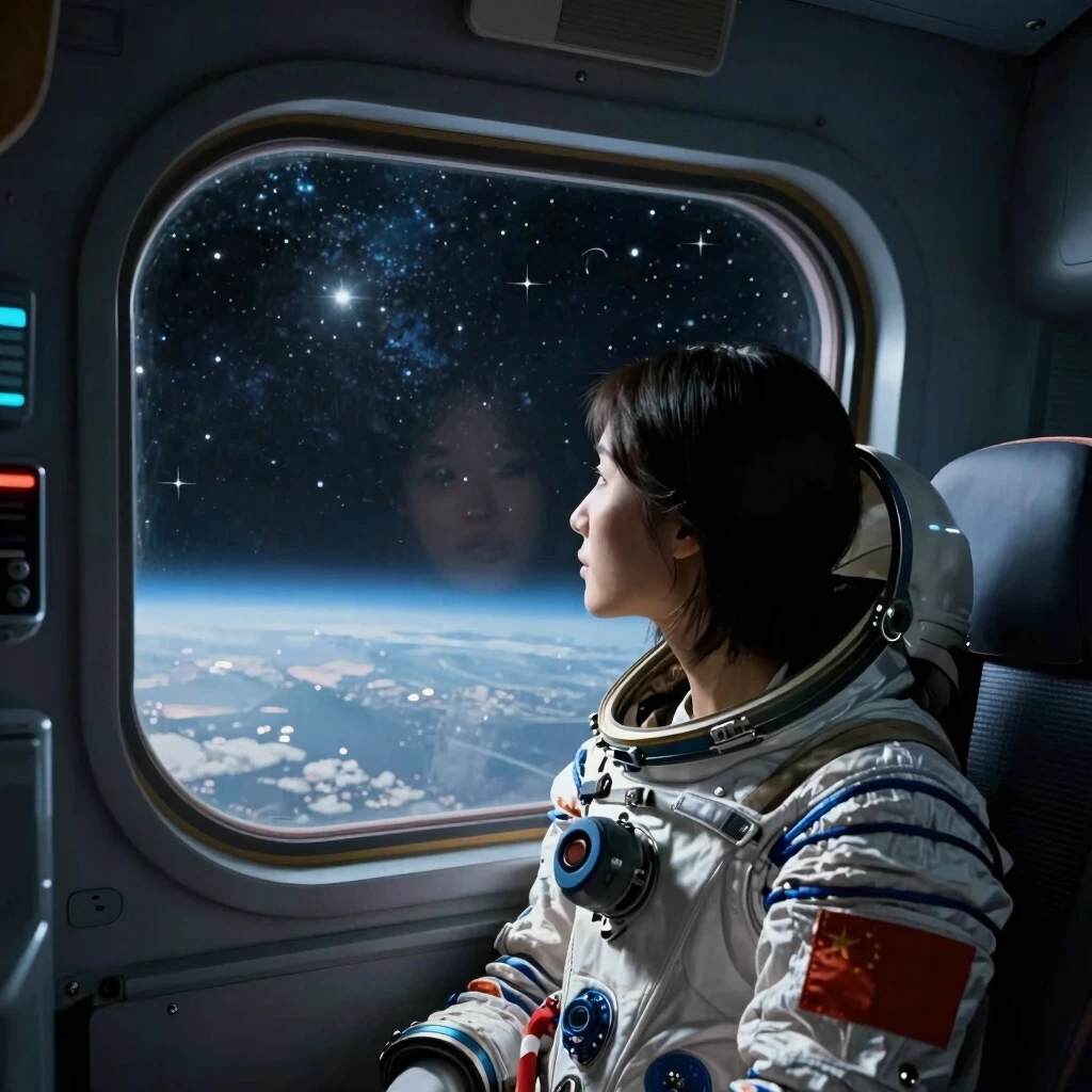 girl looks out the window of a spaceship stars all around — работа пользователя Сверхмощная Энергия