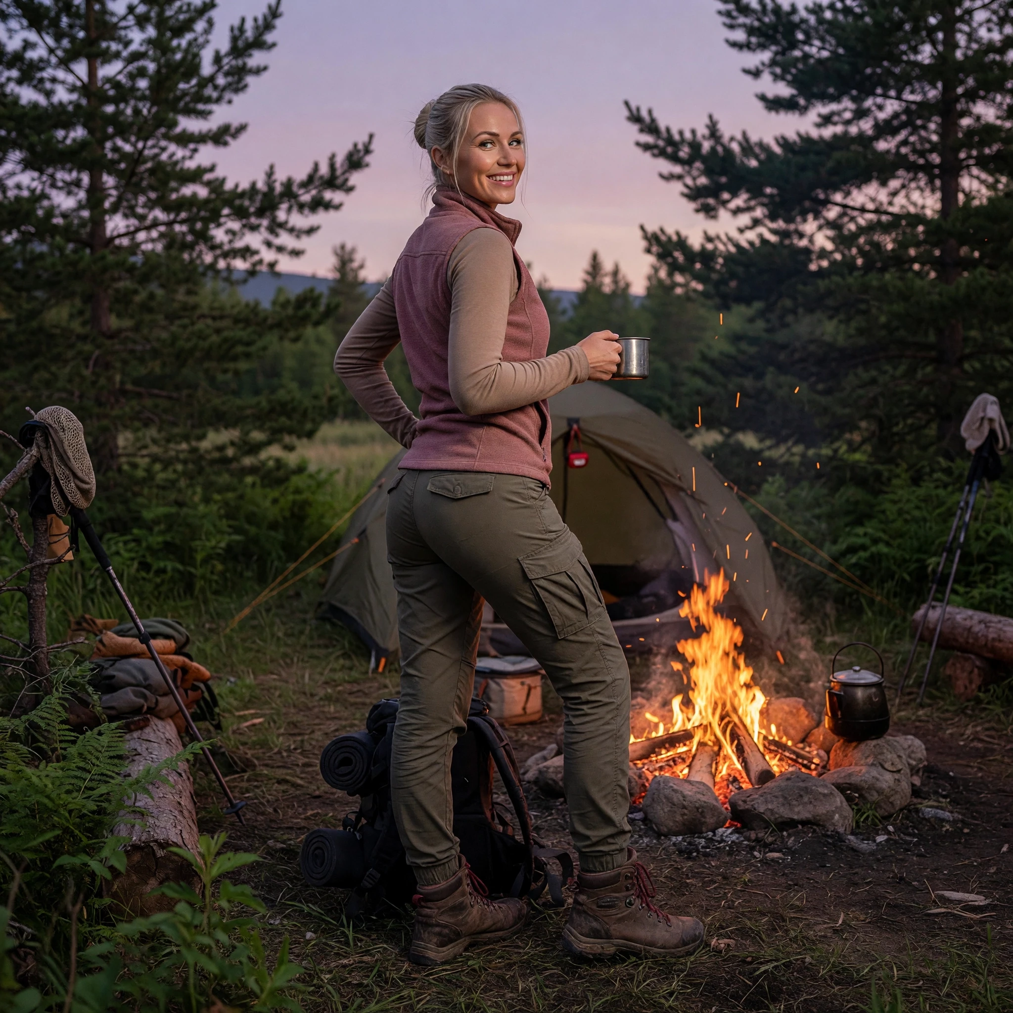 Realistic high quality photo. A beautiful, long-legged blonde with wide hips, her hair pulled back into a bun, dressed in hiking gear, cargo pants, and hiking boots, poses…