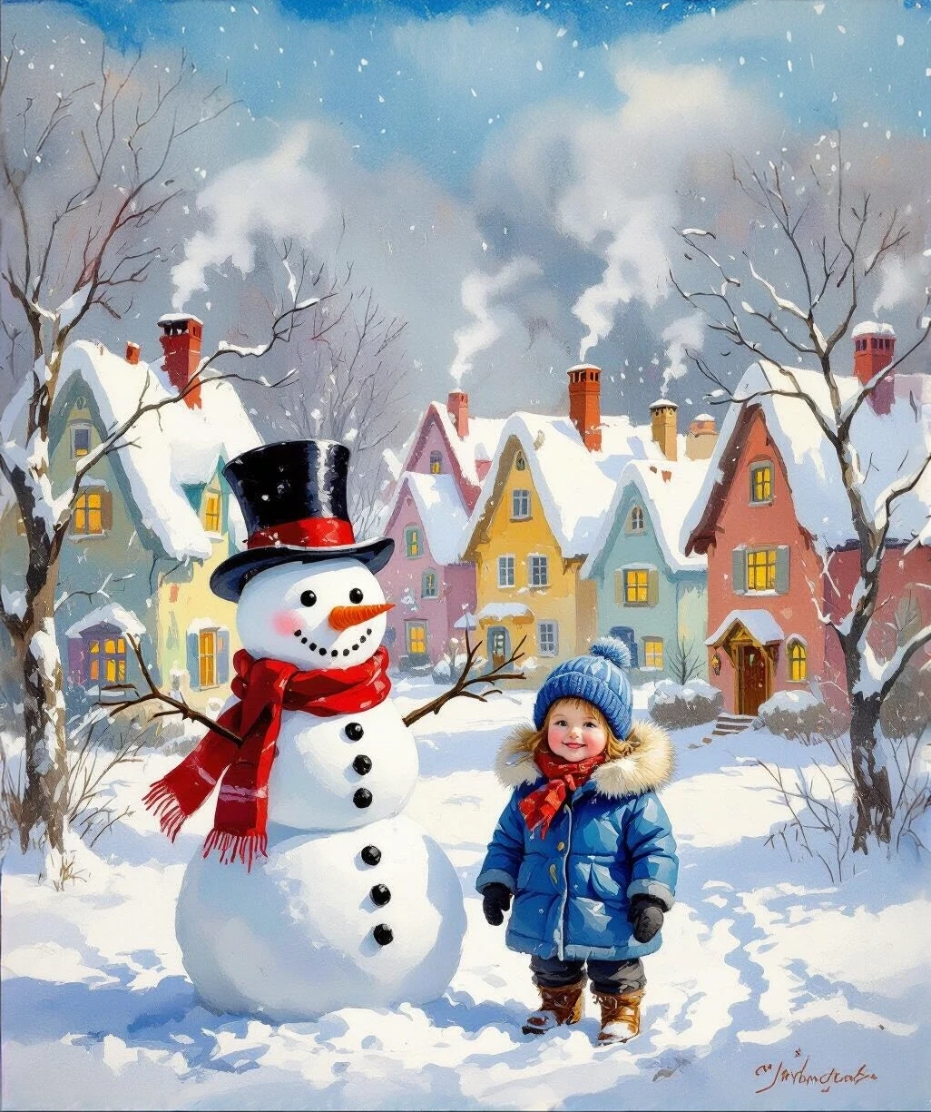 Draw a winter scene in watercolor style with elements of impressionism. In the center of the composition is a snowman with a carrot nose, wearing a black top hat and a red…