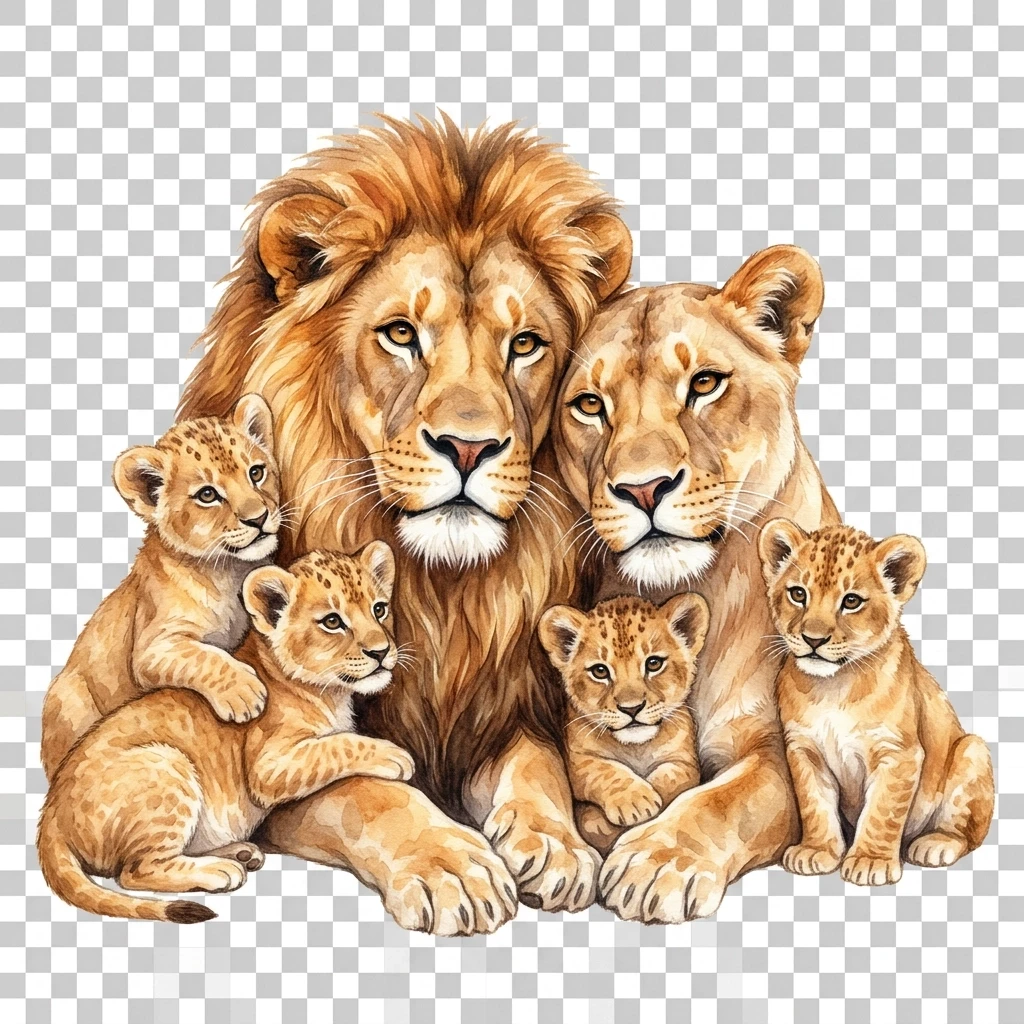 Draw a touching scene: a lion family, closely pressed against each other, conveys a sense of love, understanding, warmth, and affection. In the center, there is a male lion,…