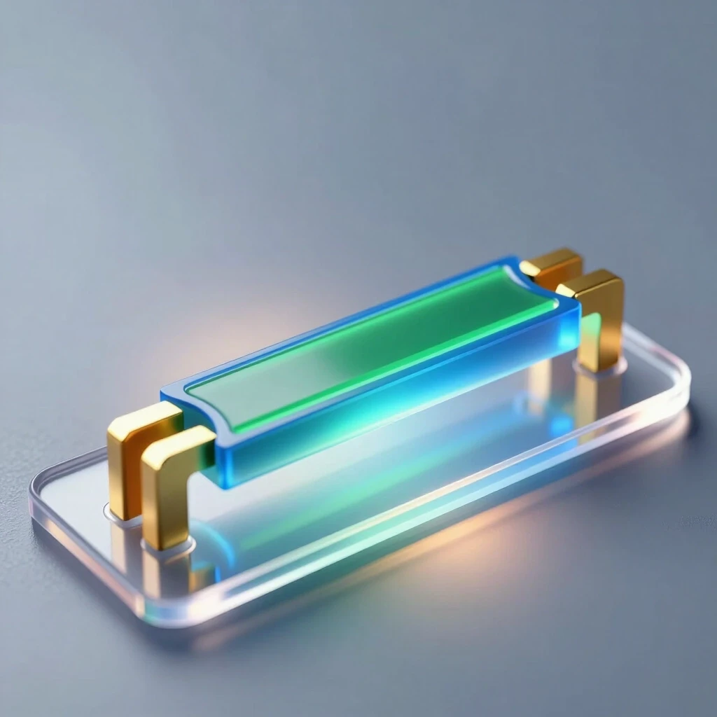 A hyper‑realistic scientific 3D illustration of a single organic field‑effect transistor with a bottom gate and top contacts of the following structure (from bottom to top): a…