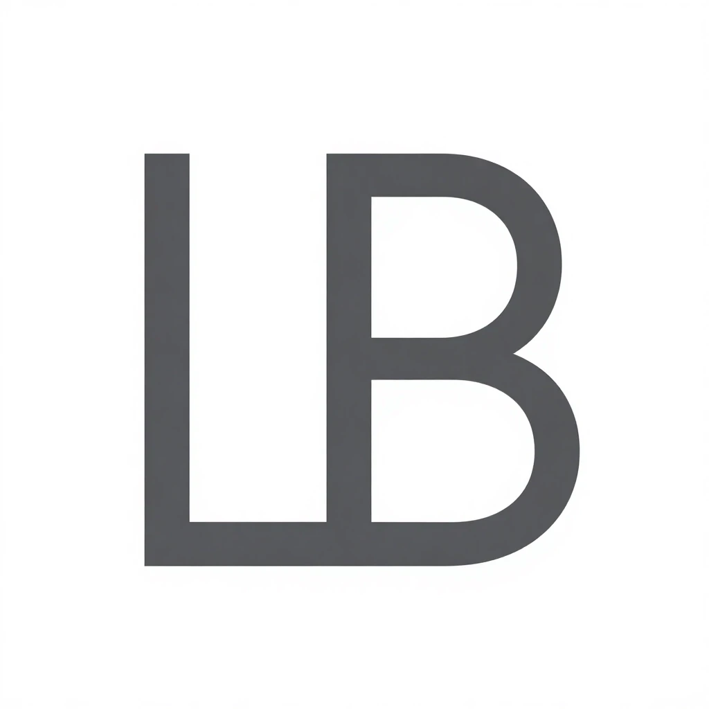 logo monogram LB, letters made of simple line segments, L is two perpendicular strokes, B is two rounded shapes connected by a vertical line, all in the same line thickness,…