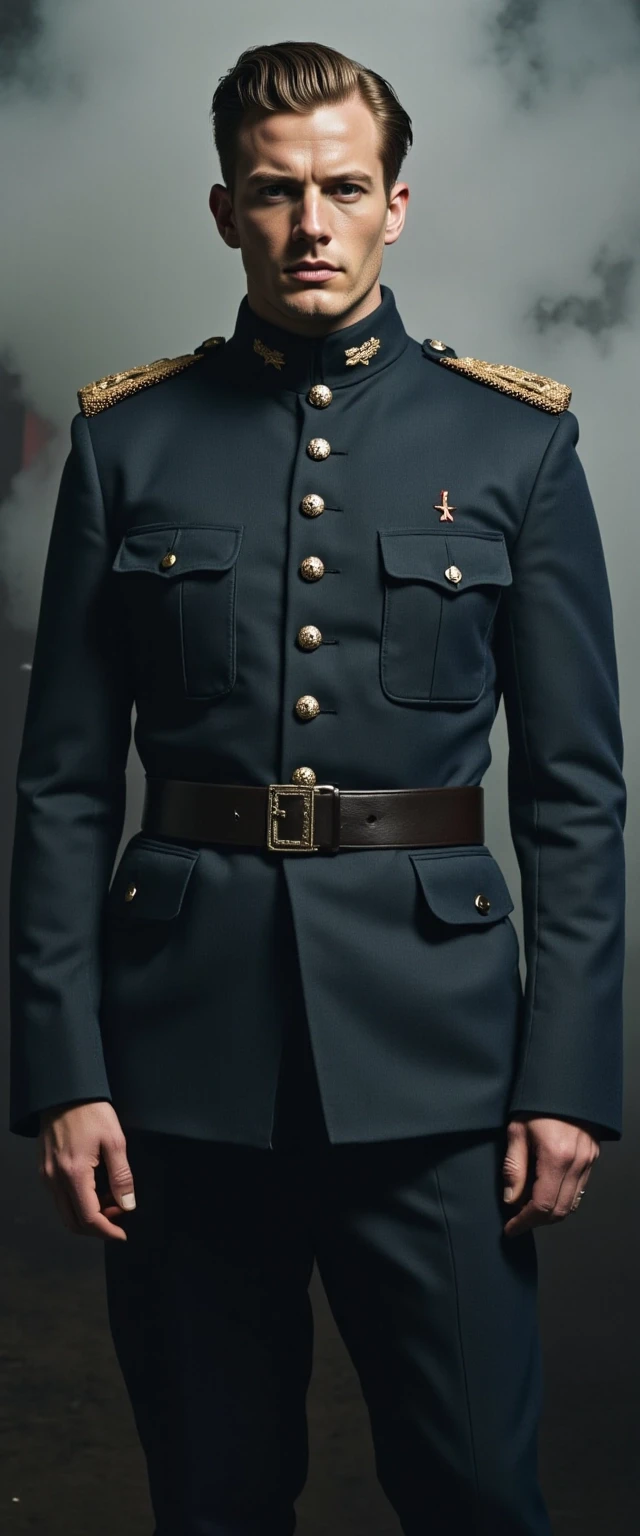 Create a detailed full-length cinematic portrait of a 25-year-old slender and athletic officer of the Russian Imperial Army. His expression is tense: his gray eyes express…