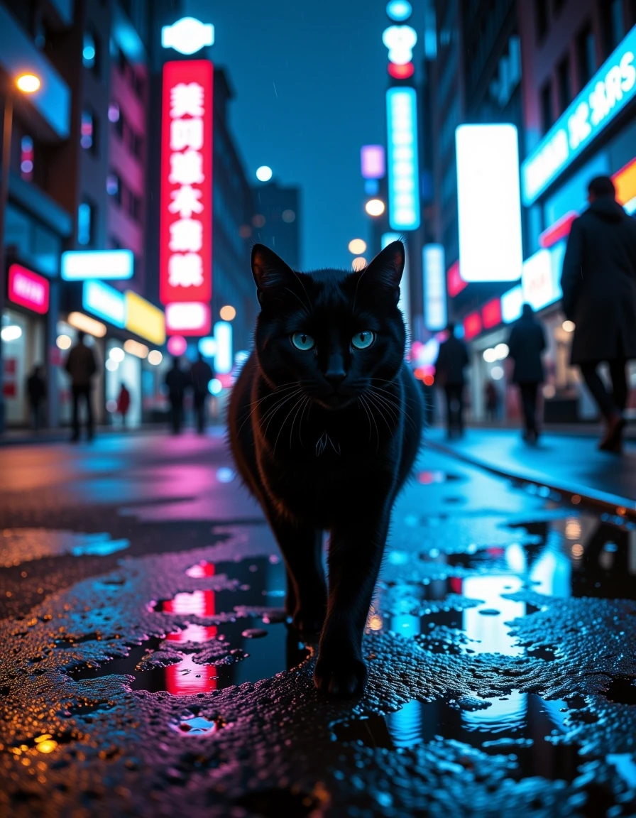 Cinematic moody night city, rainy street, wet asphalt with neon reflections, lonely black cat walking slowly, close-up of cat’s eyes, no people in foreground, distant blurred…