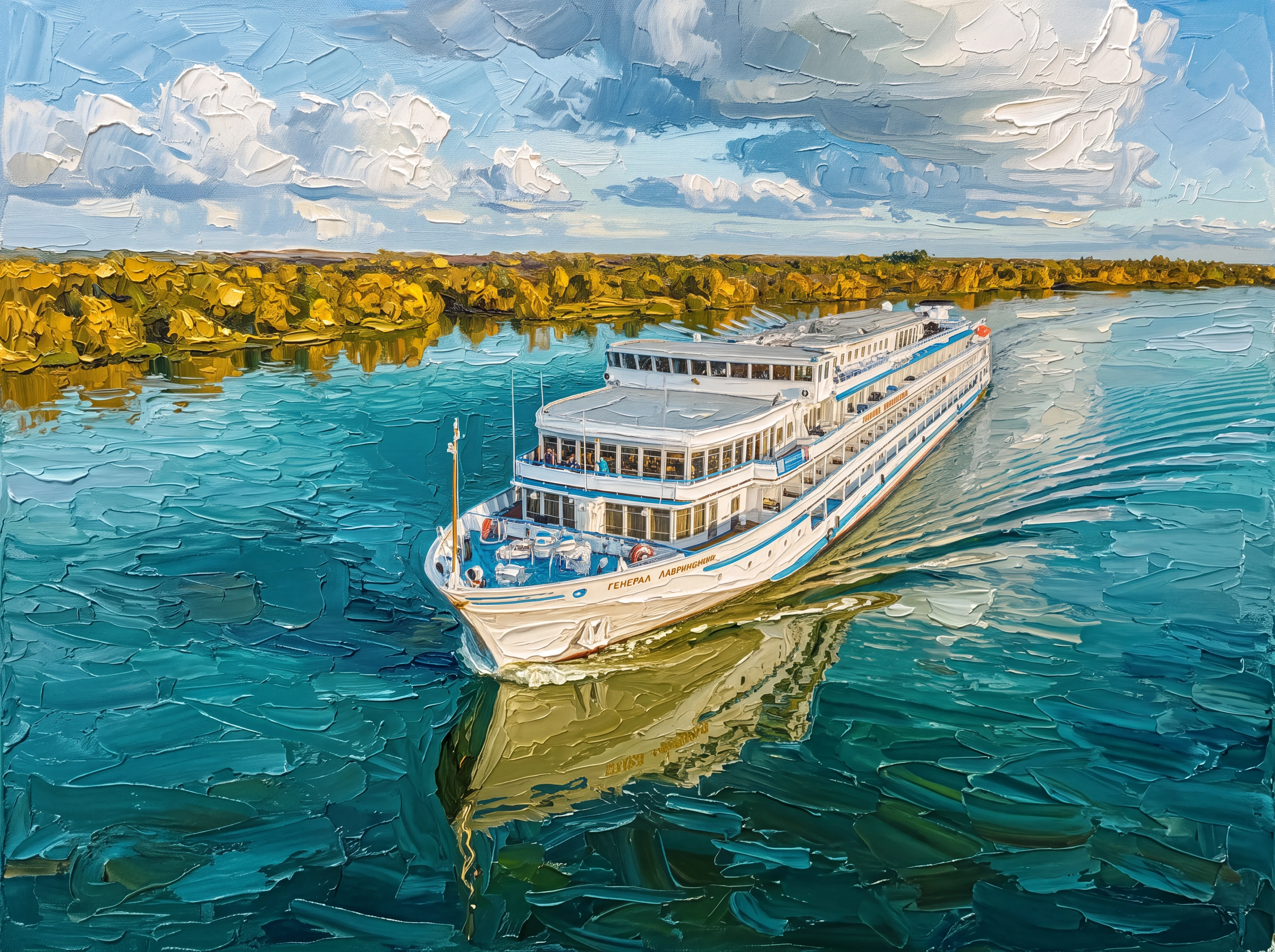 Redraw majestic white river cruise liner, photographed from above, gently cuts through the smooth, mirror-like surface of a wide river. The surrounding landscape consists of…
