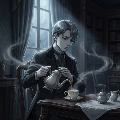 A high‑quality anime masterpiece, a cinematic composition, a young man with pale ashen skin and melancholic eyes, dressed in a strict, refined dark suit in the Victorian era. He…