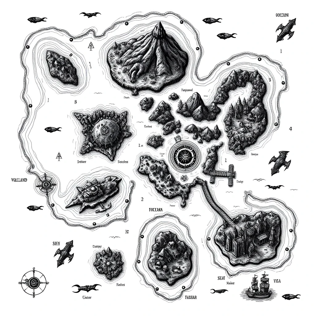 2D top-down authentic gritty dark fantasy nautical map, high-detail medieval woodcut style, inspired by Tainted Grail: Fall of Avalon. Pure white background with sharp,…