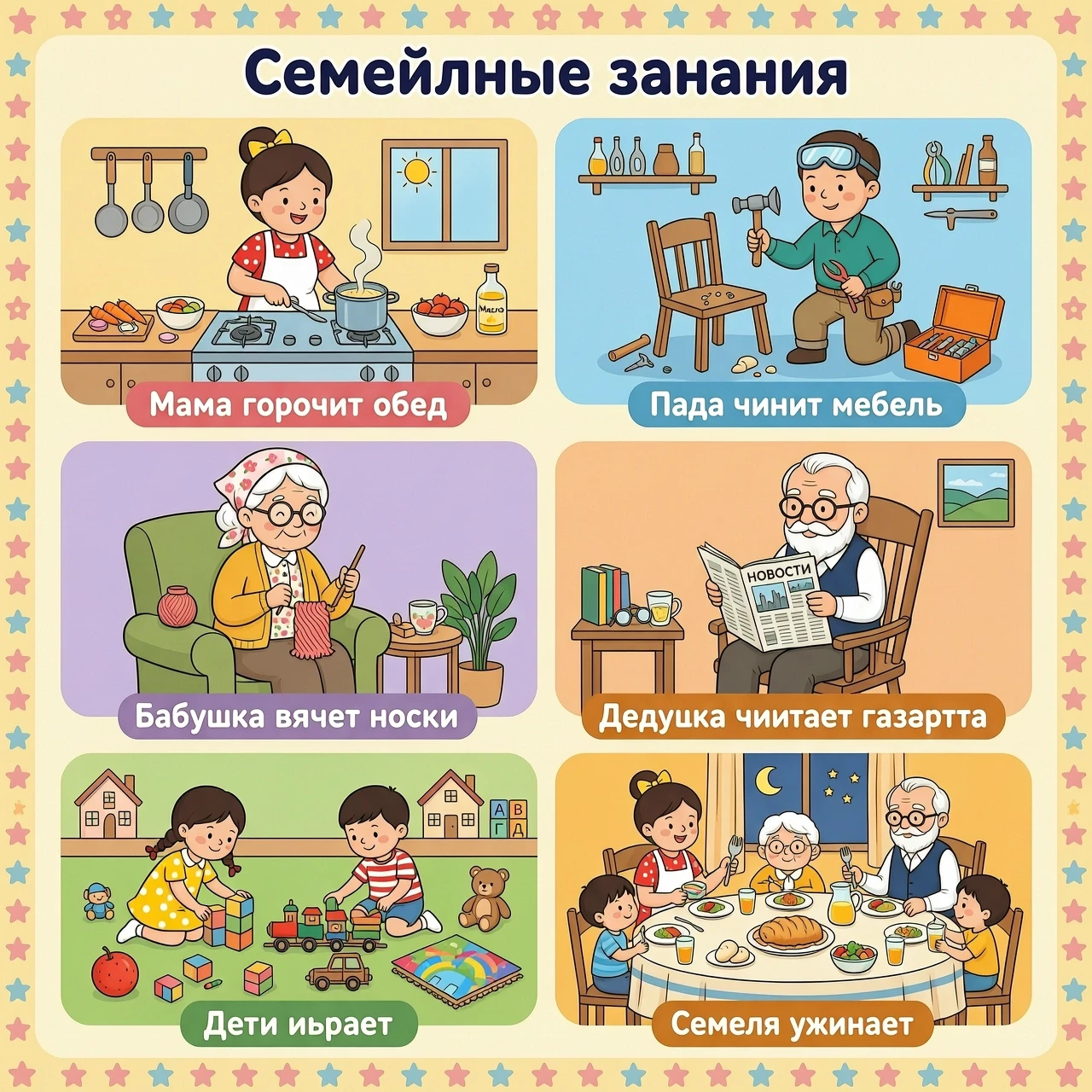 Изображение - коллаж в мультяшном стиле о занятиях членов семьи Мама готовит обед. (Мама готовит обед.) Папа чинит мебель. (Папа чинит мебель.) Бабушка вяжет носки. (Бабушка…
