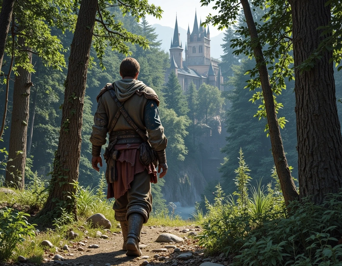 A character from the game Gothic 2 walks through the forest, dressed in tattered clothes, Khorinis Castle is visible in the distance ahead, A long adventure awaits him, but now…