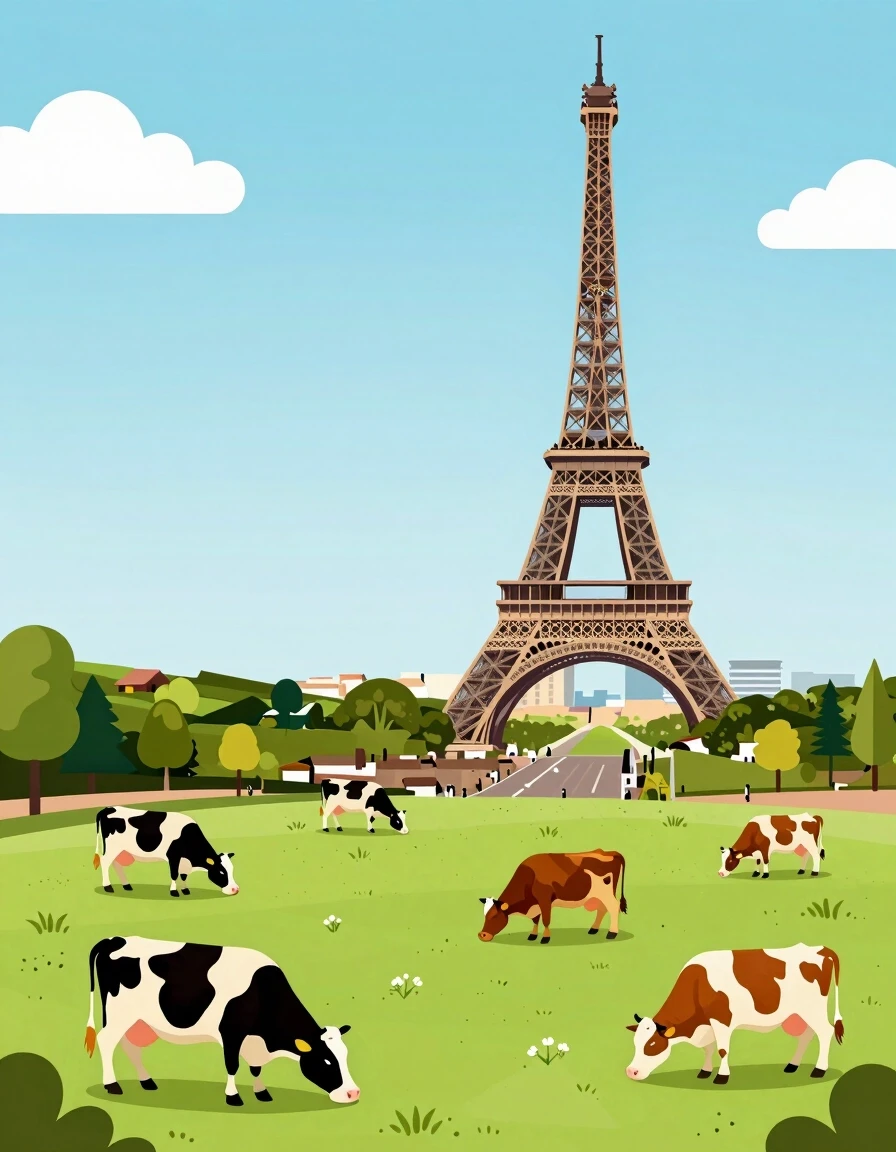 Award-winning professional photo. Isometric view. Expansive fields where cows are grazing; the Eiffel Tower rises up from the field. — работа пользователя Радужный Чародей