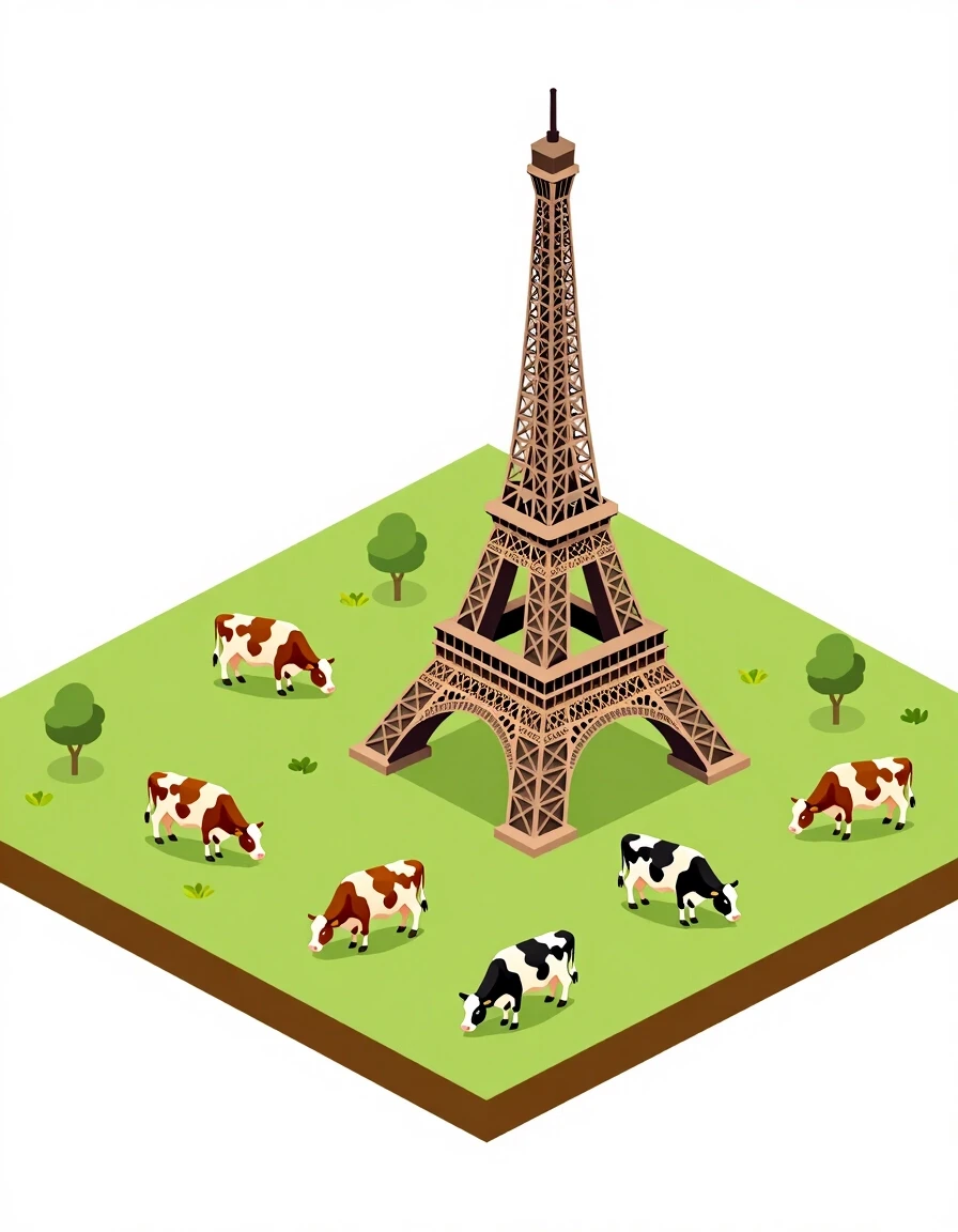 Award-winning professional photo. Isometric view. Expansive fields where cows are grazing; the Eiffel Tower rises up from the field. — работа пользователя Радужный Чародей