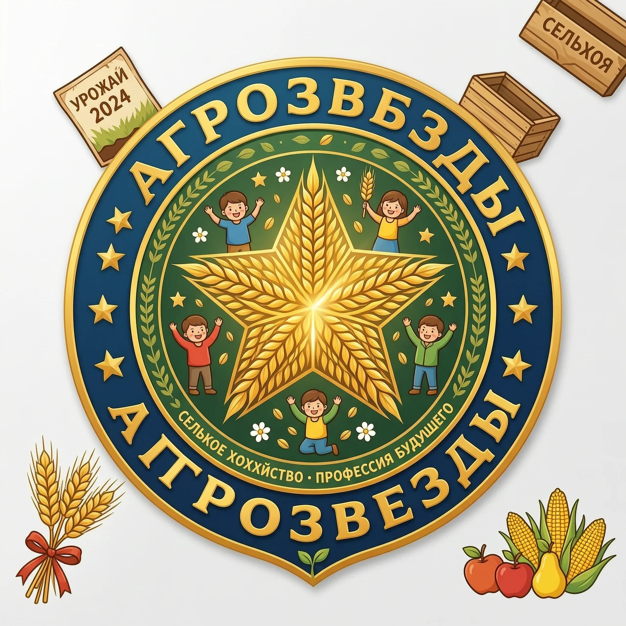 Эмблема с названием АГРОЗВЁЗДЫ. На эмблеме должна быть звезда, колосья ( Или звезда из колосьев), что- то сельскохозяйственное и могут быть дети. Эмблема должна быть яркая —…