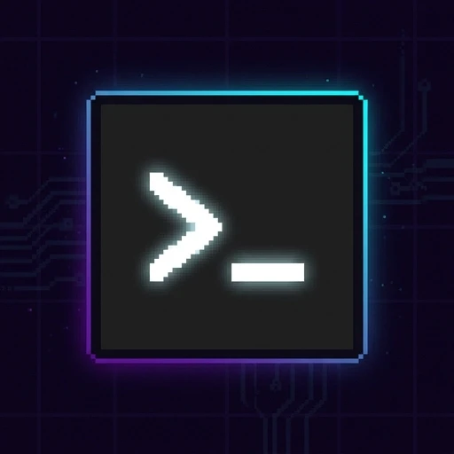 Minimalist 16-bit pixel art of a glowing white terminal prompt symbol ">_" inside a simple dark grey square. Cyberpunk aesthetic but clean. Deep purple and neon…