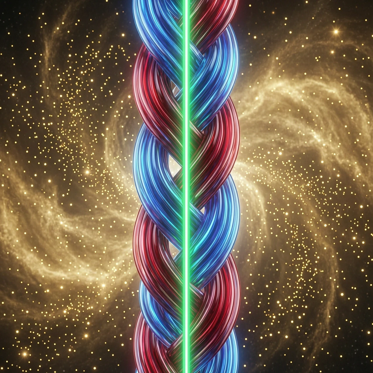 A stunning 3D render of a thick, wide braid in ancient Slavic style, positioned vertically in a cosmic space. The braid is sculpted from smooth, flowing, fluid lines of energy…