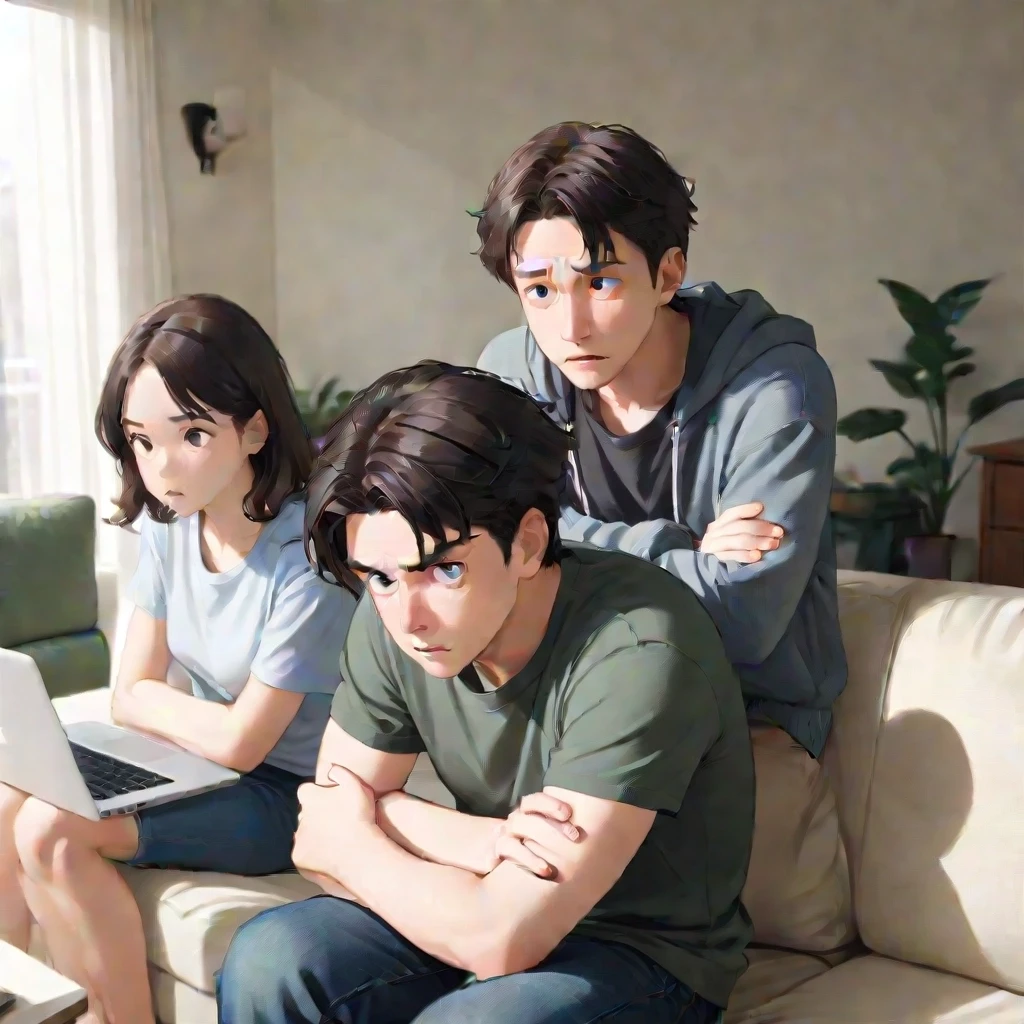 A skeptical-looking man in his late 20s sitting on a couch with arms crossed and a doubtful expression, then same man leaning forward toward laptop looking genuinely impressed…