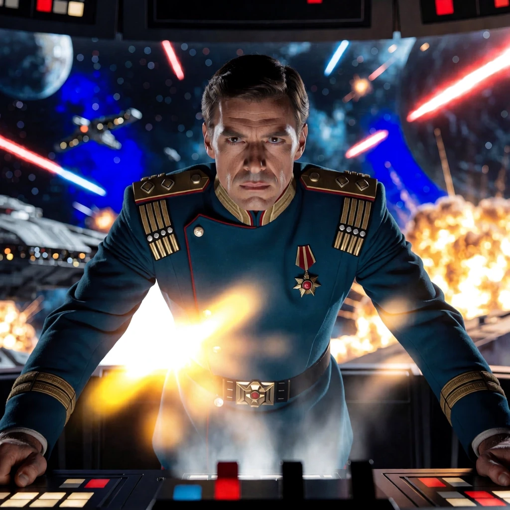 Imagine a vivid cinematic image of a 25‑year‑old man in the uniform of an admiral of the space fleet of a powerful empire. He is focused and serious, leaning over the control…