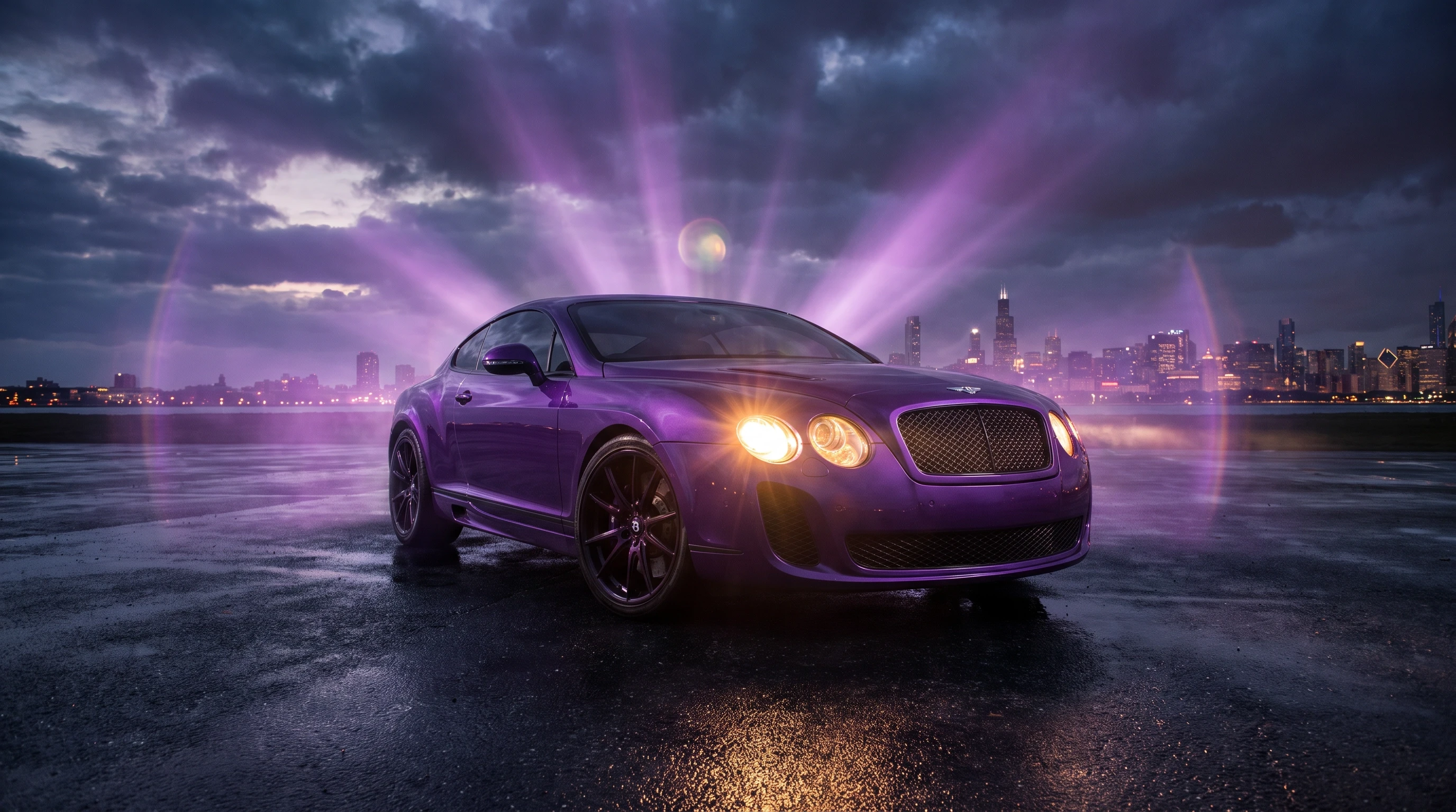 Bentley Continental GT, фиолетовый окрас, стоит на асфальте, эпичный ракурс, фиолетовые лучи, горящие фары, кинематографичная съёмка, шедевр — работа пользователя Весенний Герой