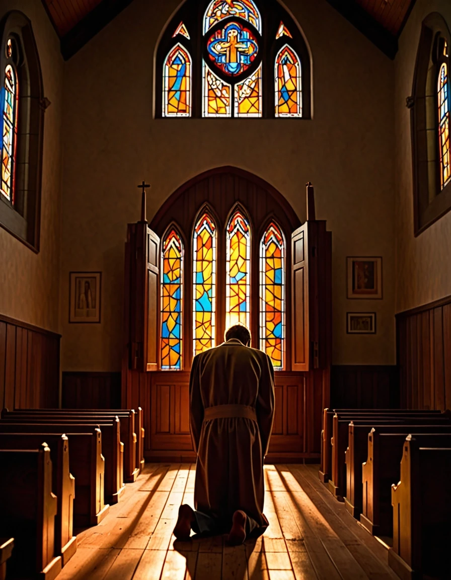 An emotional final scene inside a dim church at dawn. A man has just finished his confession and slowly steps out of the wooden confessional. He stops in the middle of the empty…