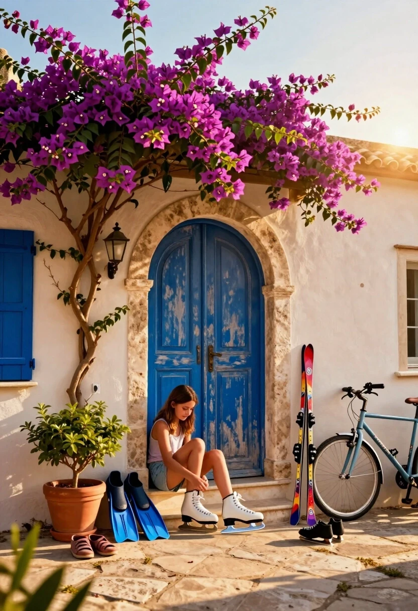 Photorealistic cinematic shot, 8K resolution, hyper-realistic style with Mediterranean charm—a sun-drenched entryway rendered with tangible textures and natural lighting. На…