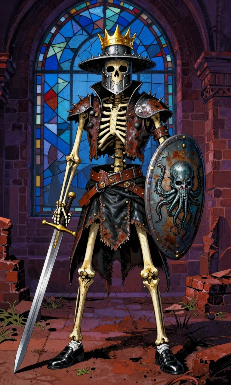 Image drawing. Skeleton. Spiked helmet with a wide brim with leather garters. Color picture. Remnants of iron armor, rusty. Sleeveless leather vest over the armor. In one hand,…