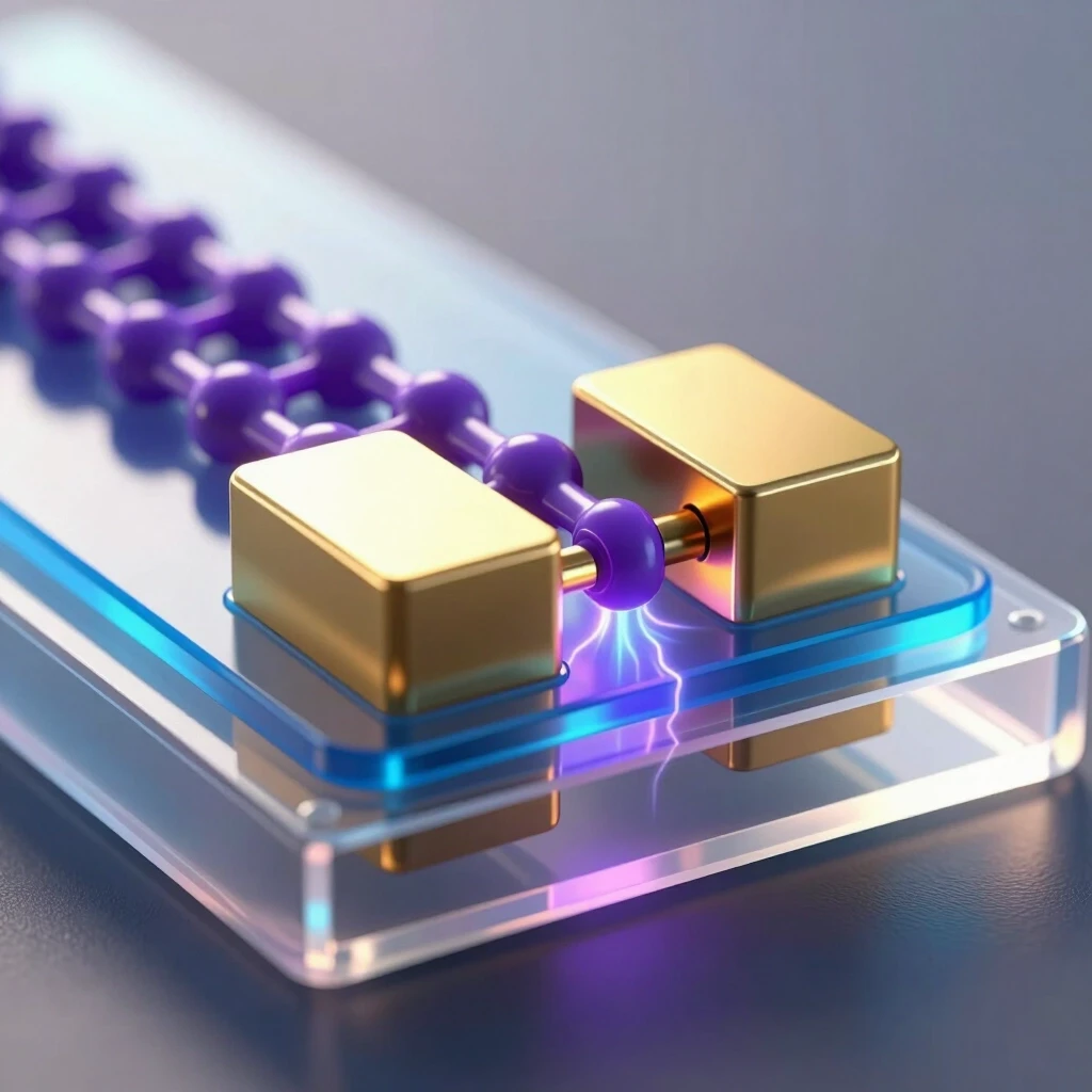 hyper-realistic scientific 3D illustration of a cross-section of an Organic Field-Effect Transistor (OFET) with a bottom-gate and top-contact architecture. Flexible transparent…