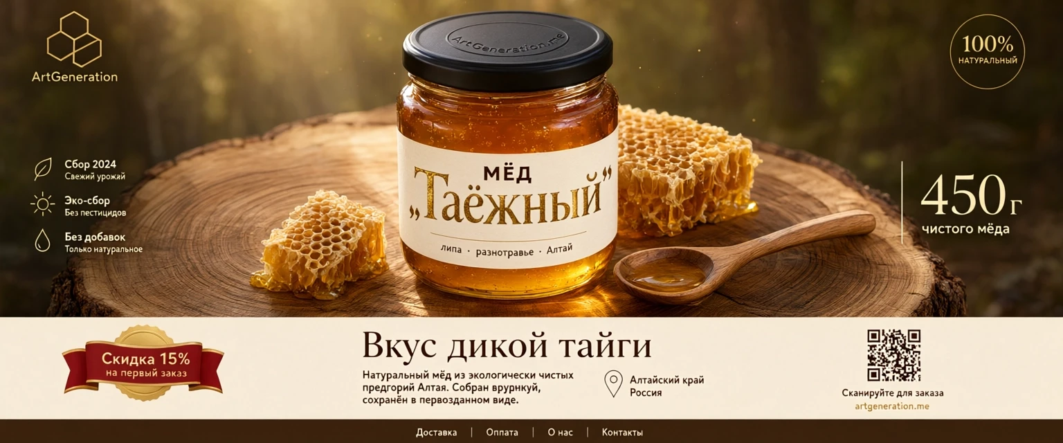 Готовый премиальный рекламный продуктовый кадр, вертикальный 4:5, до 2K, не мокап. Hero-продукт: банка крафтового мёда на срезе дубового стола, утренний свет, соты и деревянная…