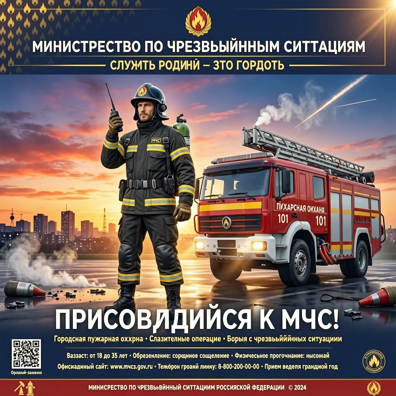 «Нарисуй постер для набора в МЧС: пожарный в полной экипировке стоит у пожарной машины, держит рацию, на фоне рассвет над городом. Цвета тёплые, стиль реалистичный, атмосфера…