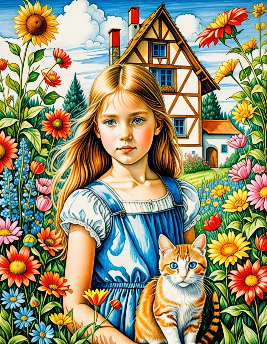 A masterpiece. Creating an image. ((The style is naive graphics in colored pencils. children's drawing of flowers, a house, summer, blue sky, a little girl and a cat:1,6)).…