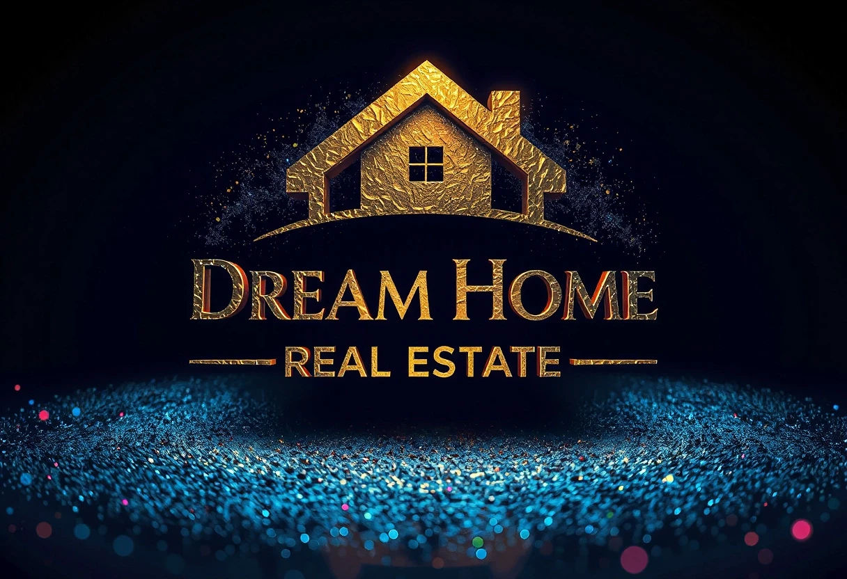 Логотип: Dream Home Real Estate Фон: глубокий космос или темный градиент от темно-синего к синему электрику Элементы: мерцающие переливающиеся голубые блестки и космическая пыль…