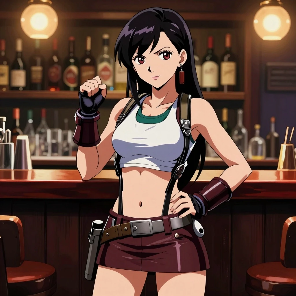 Anime art, girl Tifa Lockhart, standing behind the bar counter, in the role of bartender — работа пользователя Солнечный Лазурь