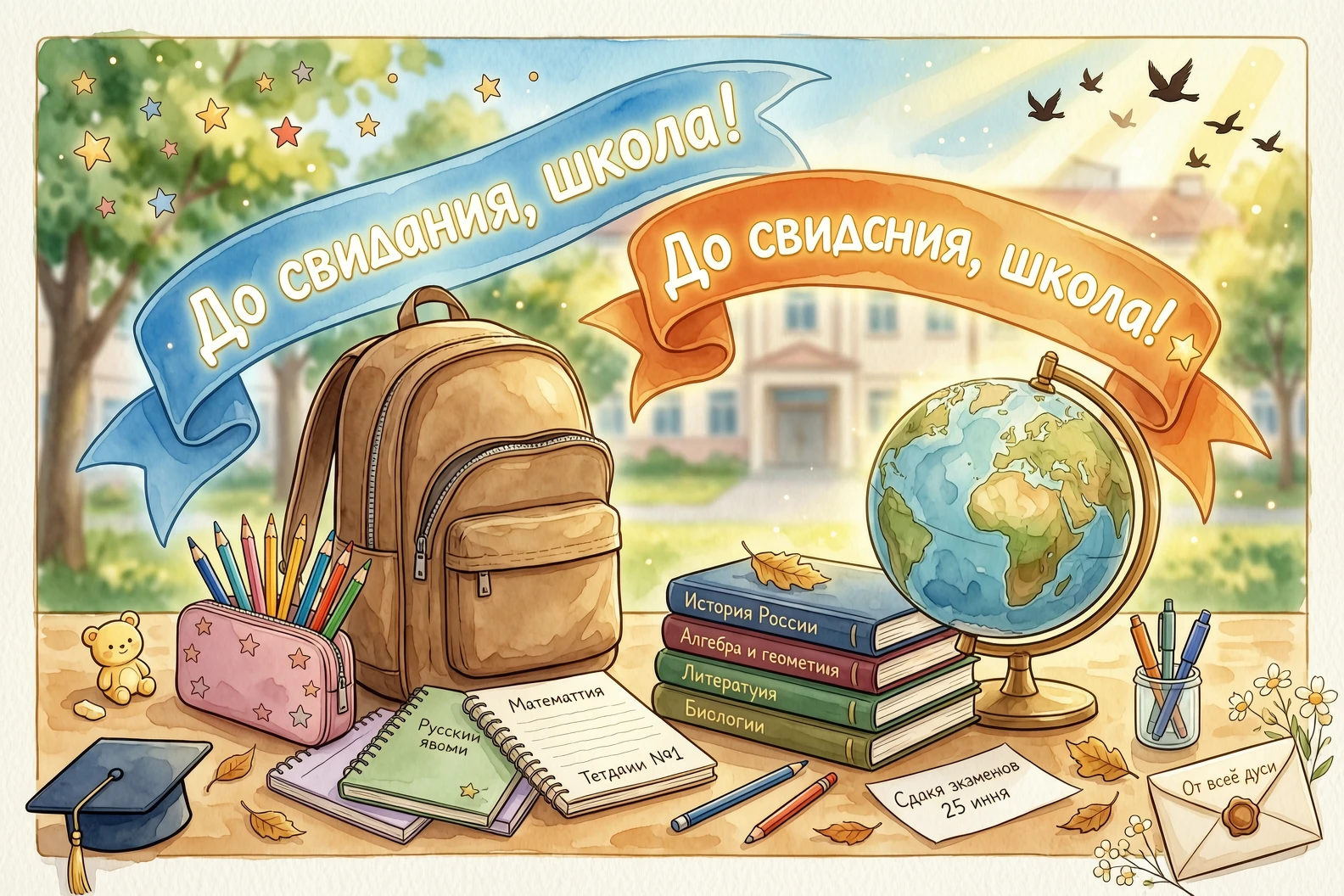 Праздничная открытка на последний звонок. На первом плане красивая композиция из школьных атрибутов: глобус, стопка книг, коричневый школьный ранец, выглядывающий из него пенал…