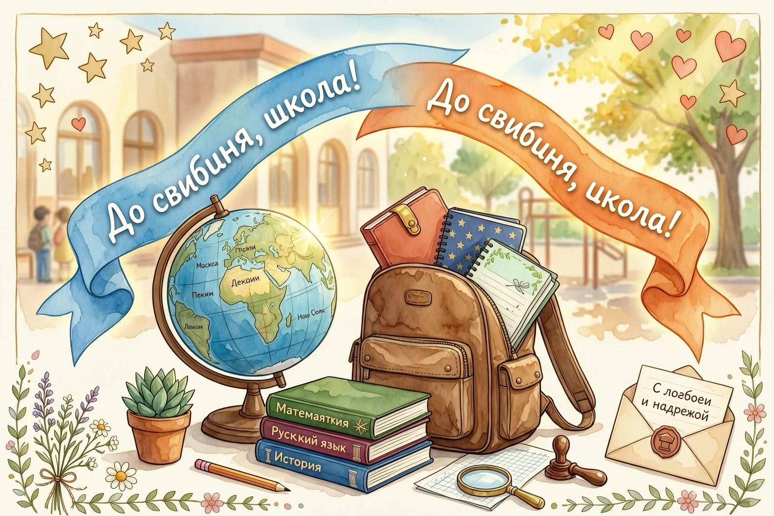 Праздничная открытка на последний звонок. На первом плане красивая композиция из школьных атрибутов: глобус, стопка книг, коричневый школьный ранец, выглядывающий из него пенал…