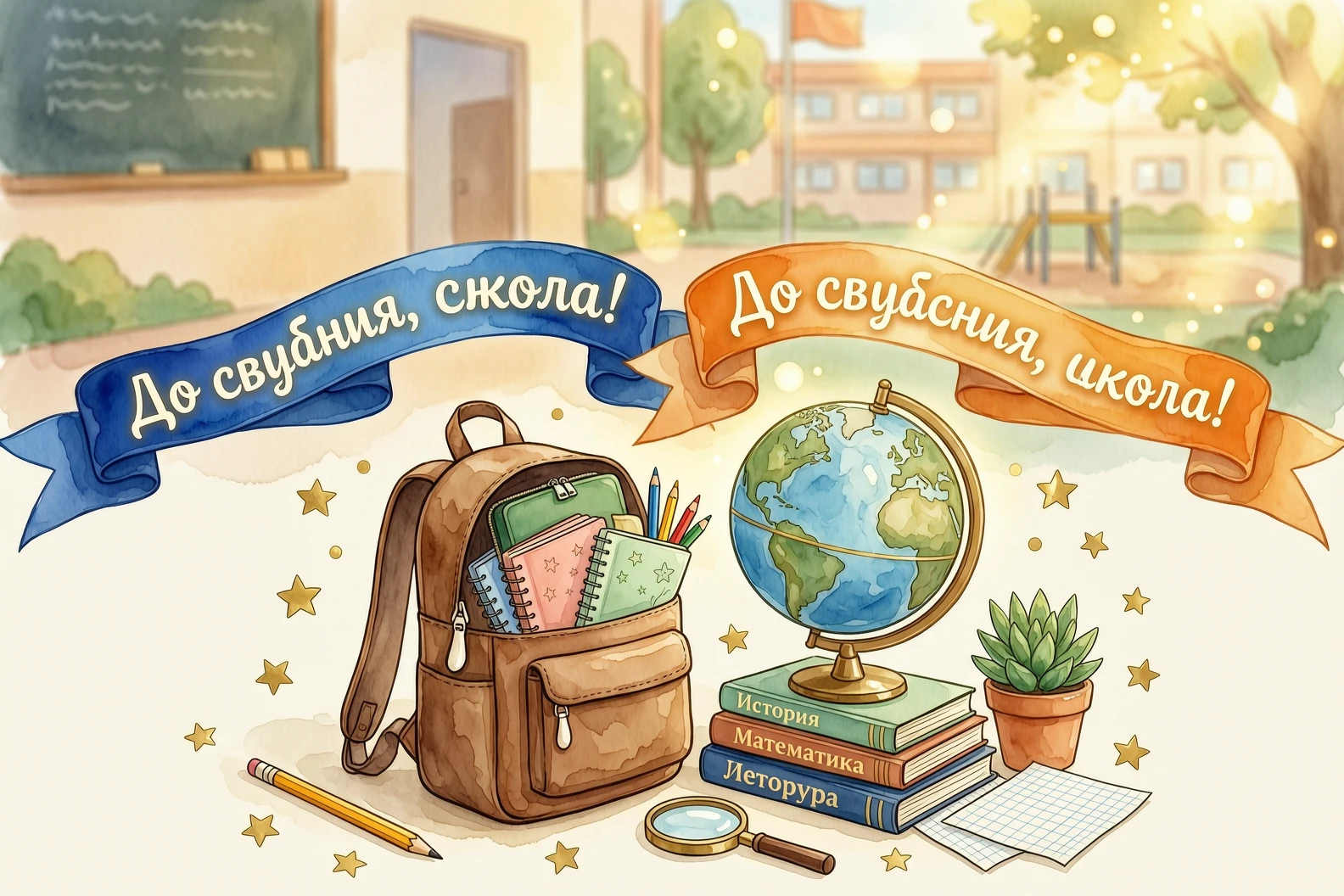 Праздничная открытка на последний звонок. На первом плане красивая композиция из школьных атрибутов: глобус, стопка книг, коричневый школьный ранец, выглядывающий из него пенал…