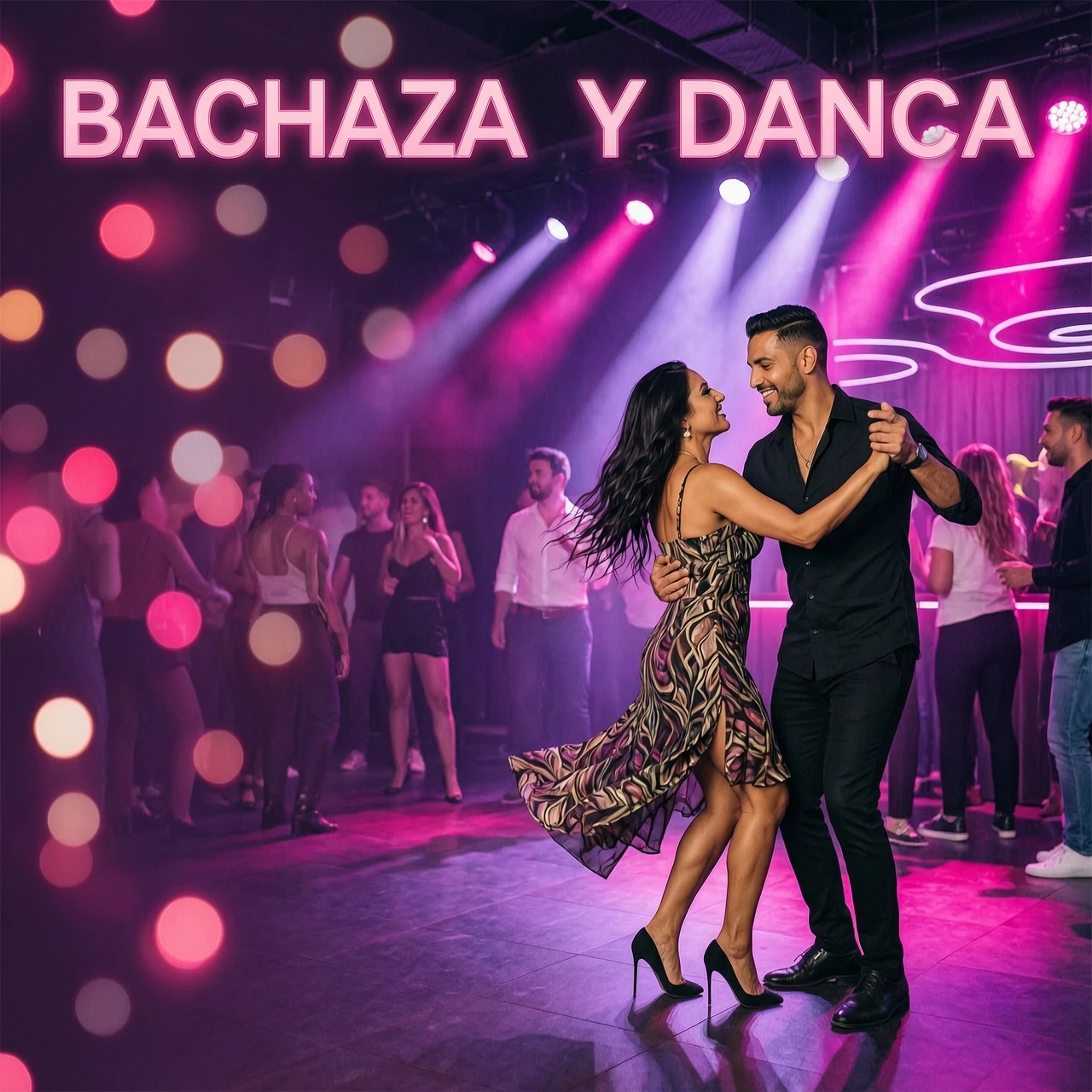 Dynamic bachata dance background, neon pink and purple lights, dancing couple in motion, bokeh effect, energetic atmosphere, modern night club style, empty space on the left…