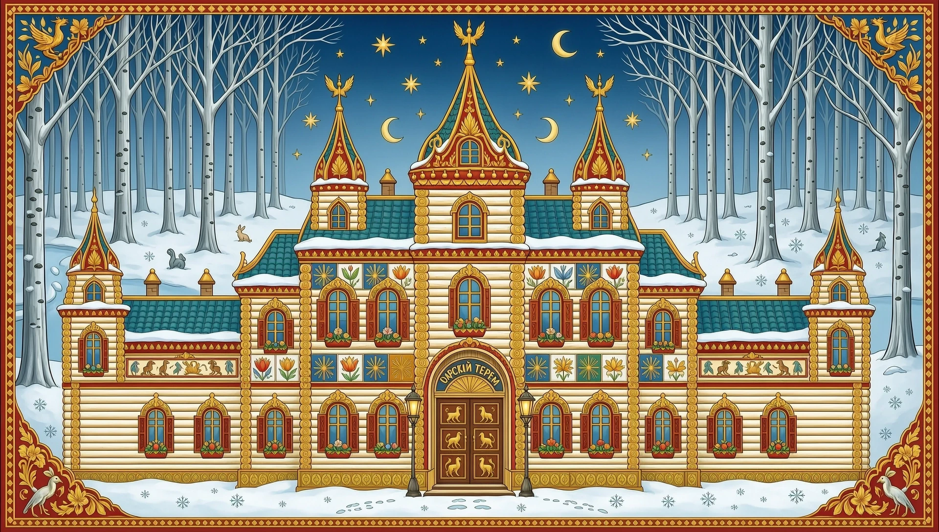 создай рисунок Терем, царская усадьба, 2 этажа, с башнями, кокошниками, аленькими цветочками и жар-птицами на фарфоровых изразцах, построенная в русском народном сказочном стиле…
