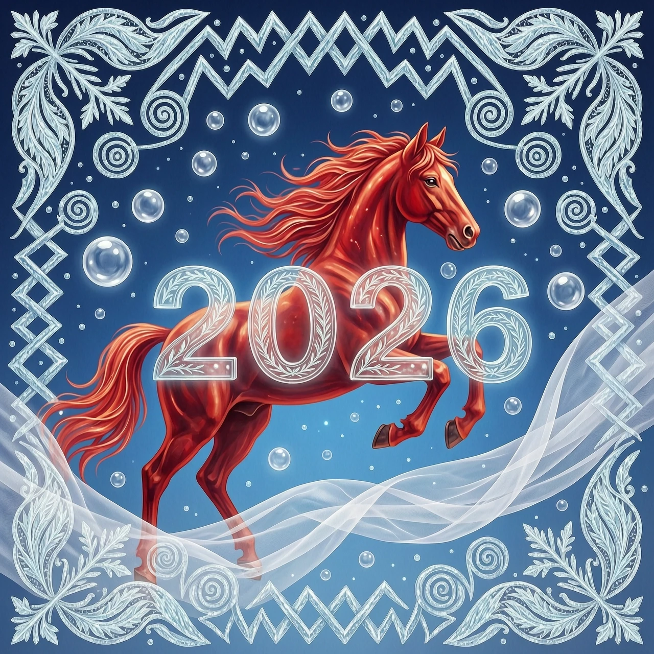 In the double exposure style. An ephemeral mythical creature in the form of a beautiful scarlet fiery horse with a long wavy mane collects the word "2026" from glass…