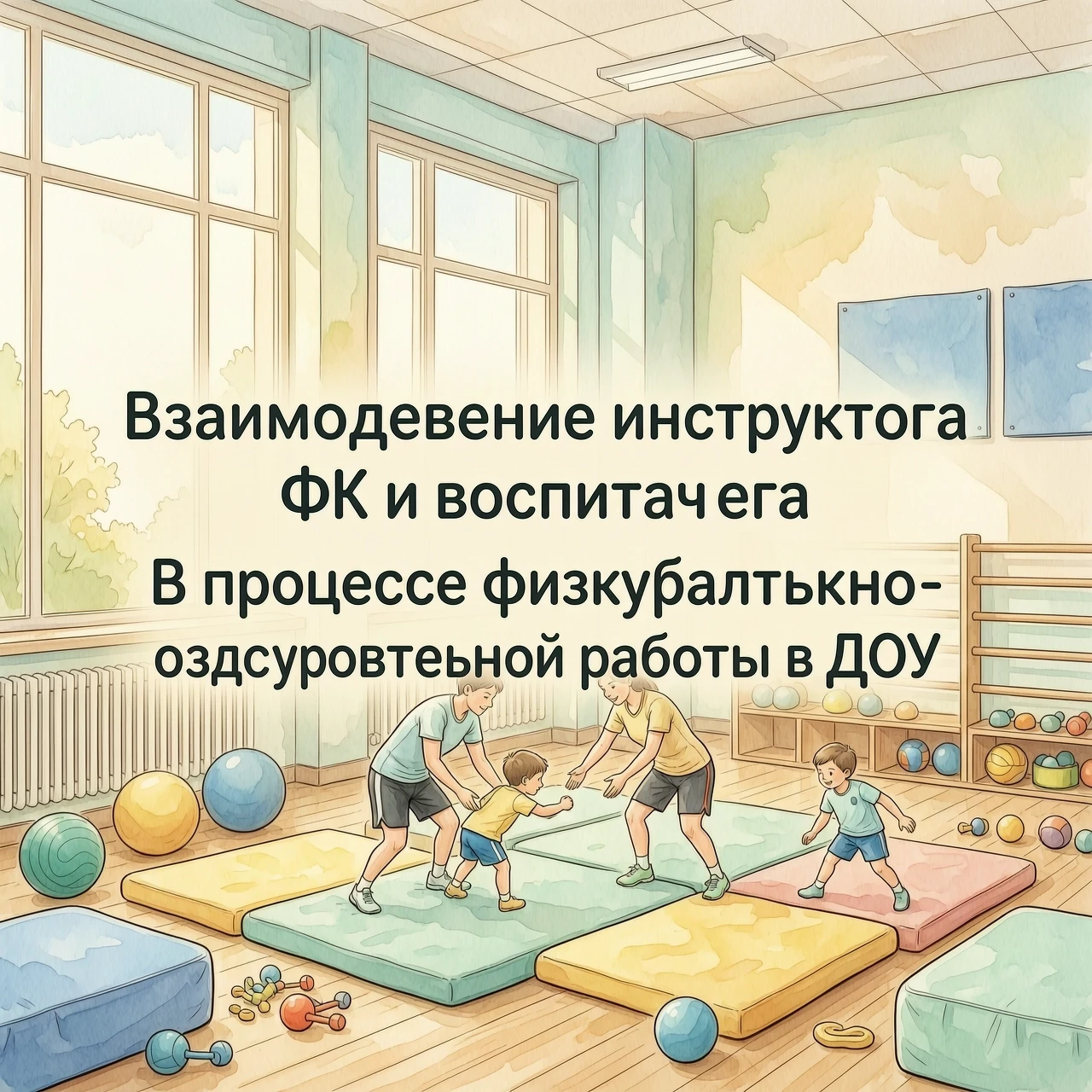 Центральная композиция с акцентом на типографику: в центре кадра расположен четкий, эстетически выверенный текст «Взаимодействие инструктора ФК и воспитателя» (верхняя строка) и…
