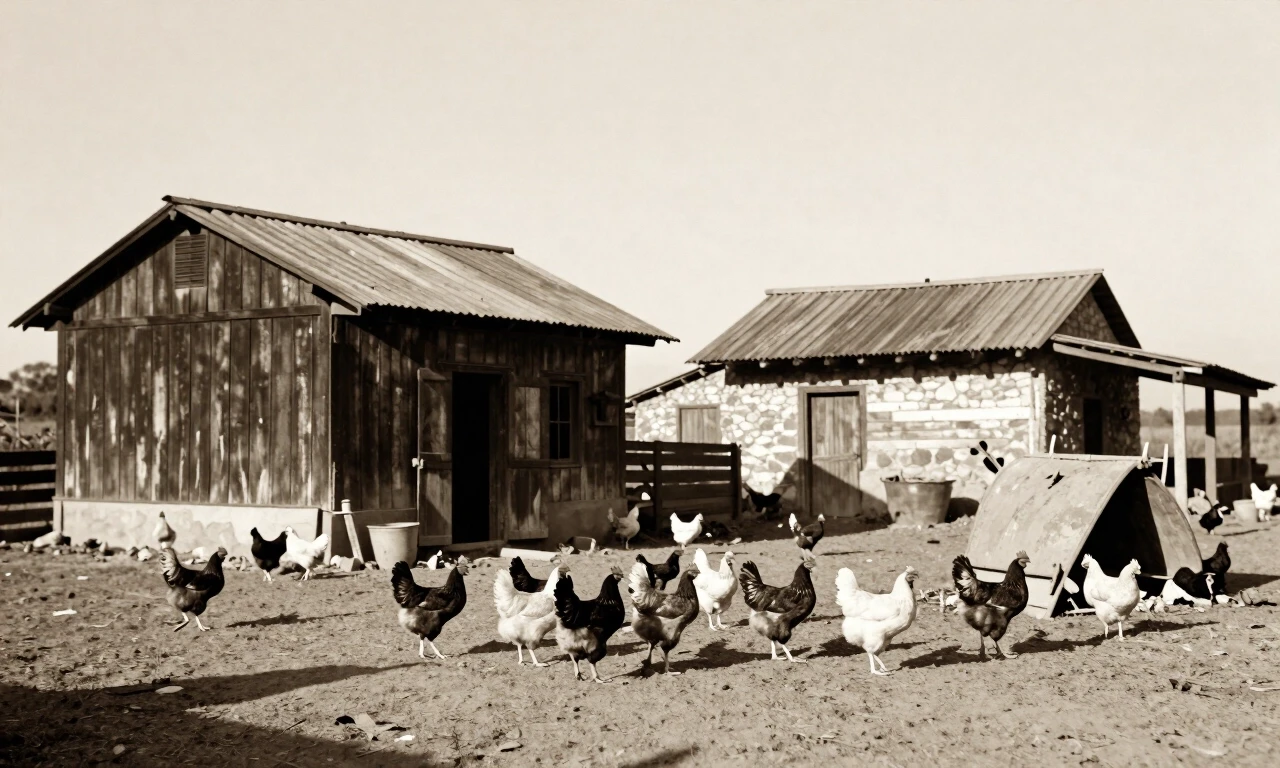 1930s Spanish countryside chicken farm, rustic wooden buildings, sepia tone, vintage documentary photo style, warm afternoon light — работа пользователя Необыкновенный Фенрир
