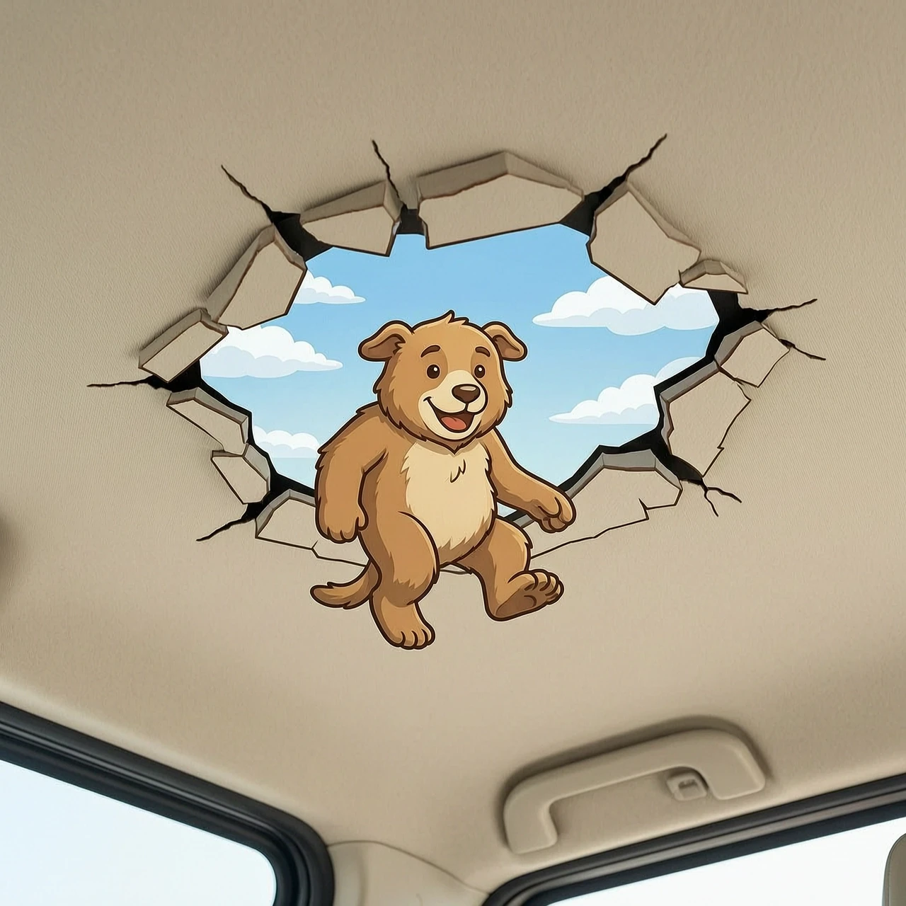 сгенерируй 3д наклейку на светлый потолок автомобиля. где видно разорваный потолок и видно как сквозь дыру лезет доброе существо. За ним видно небо. наклейка должна быть…