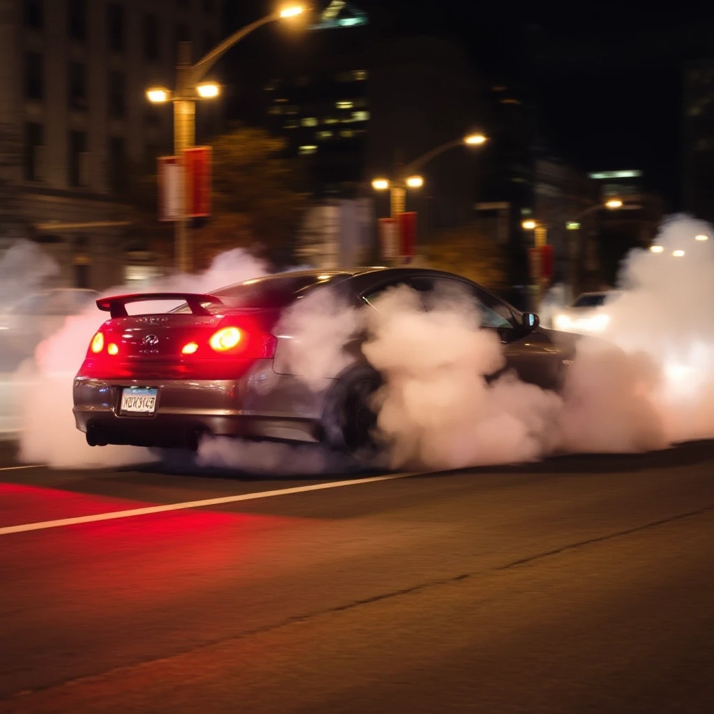 Infinity g35 делает бернаут на главной улице в ночном городе, тормоза раскалились, из колес идет дым — работа пользователя Быстрая Симметрия