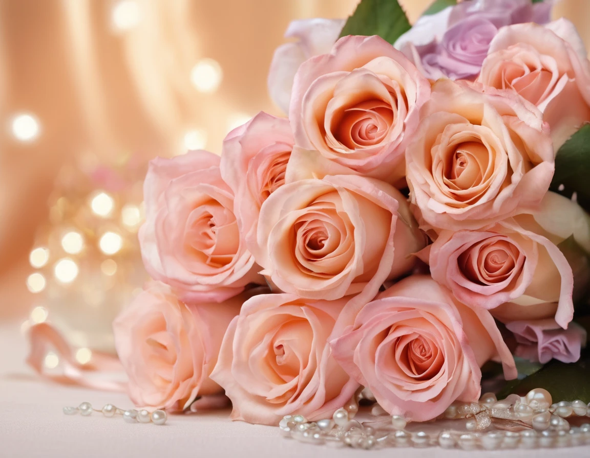 Square luxury birthday greeting card, elegant bouquet of lush roses in soft pink, lilac and warm orange tones, porcelain-like petals decorated with dew drops and delicate pearl…