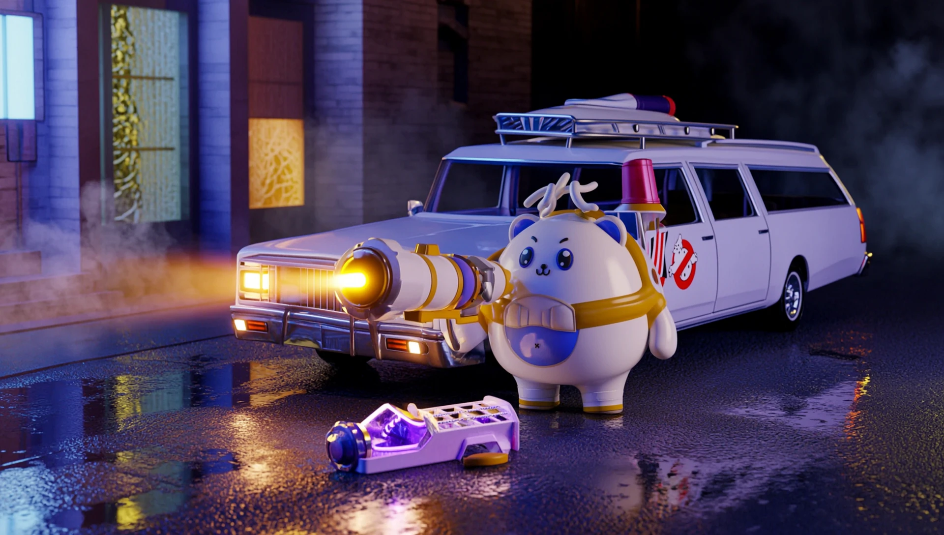Сделай персонажем Ghostbusters. В руке держит большое протонное ружьё. впереди лежит ловушка. На заднем плане Ecto-1 (эктомобиль) — работа пользователя Яркая Гроза