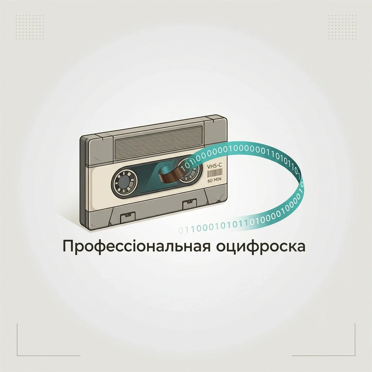 Логотип в стиле минимализма. В центре — видеокассета из 90‑х: узнаваемый ретро‑дизайн, корпус с текстурой пластика, характерные выступы, окошко для ленты. Кассета выглядит…