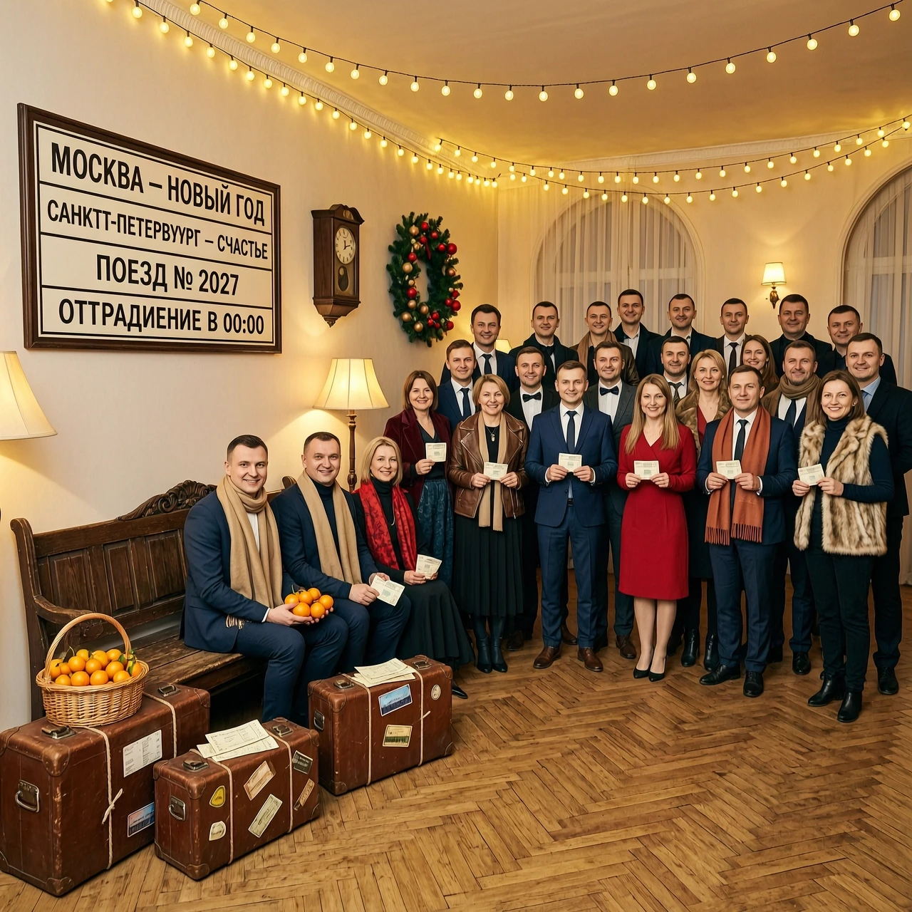 Уютный банкетный зал, украшенный в новогоднем стиле. В углу зала — фотозона «Вокзал ожидания». На стене висит большое табло отправления с надписями: «МОСКВА — НОВЫЙ ГОД»,…