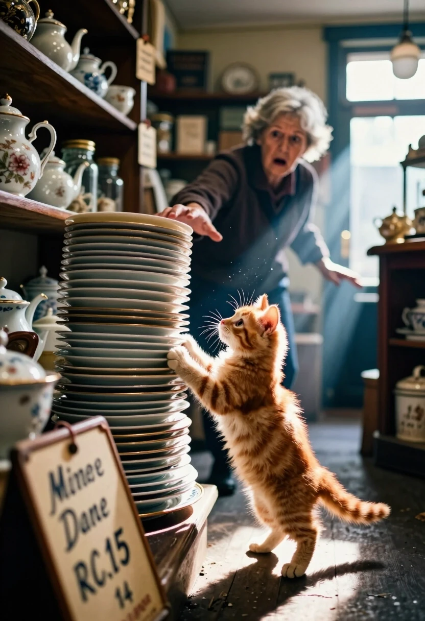Photorealistic, 8K, cinematic. A small vintage shop with a worn wooden sign and handwritten price tags. The shelves are crammed with old teapots, glass jars, and antique books.…