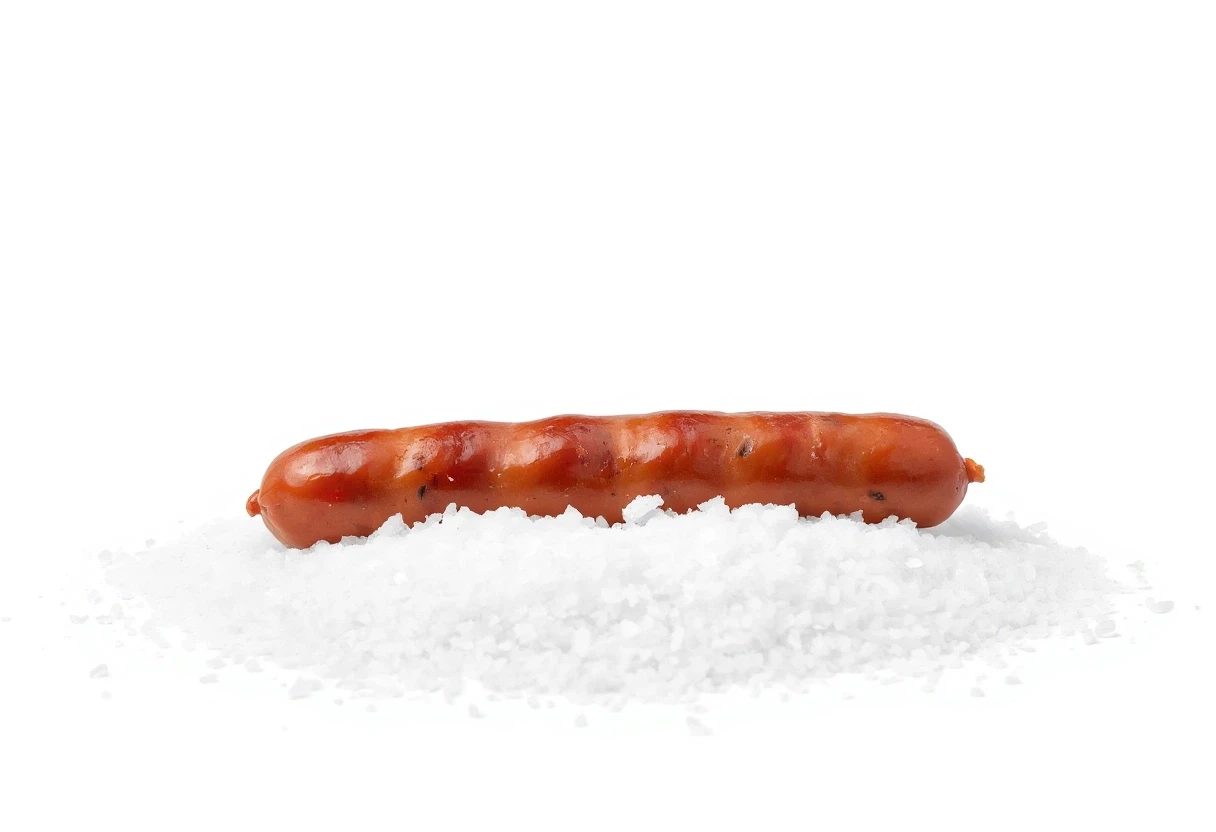 An award-winning, professional-grade photograph set against a pristine white background. A true masterpiece—exquisitely beautiful. A stick of smoked sausage rests atop a bed of…