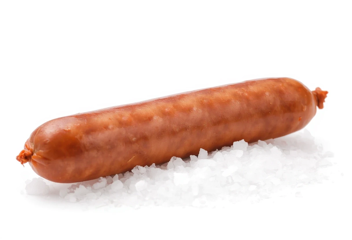 An award-winning, professional-grade photograph set against a pristine white background. A true masterpiece—exquisitely beautiful. A stick of smoked sausage rests atop a bed of…