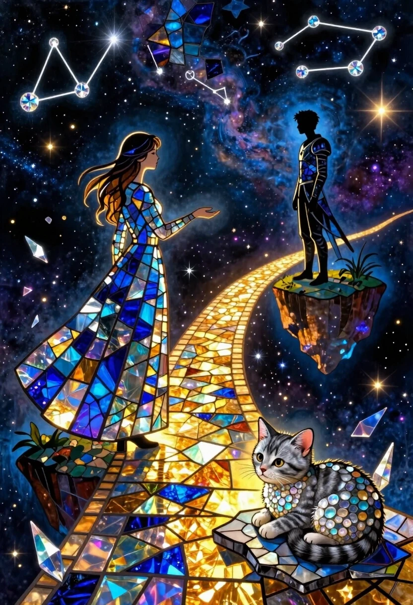 Surreal cosmic stained glass mosaic, where every object is made of iridescent crystal fragments and colored glass. A vast celestial bridge of glowing tesserae stretches across…